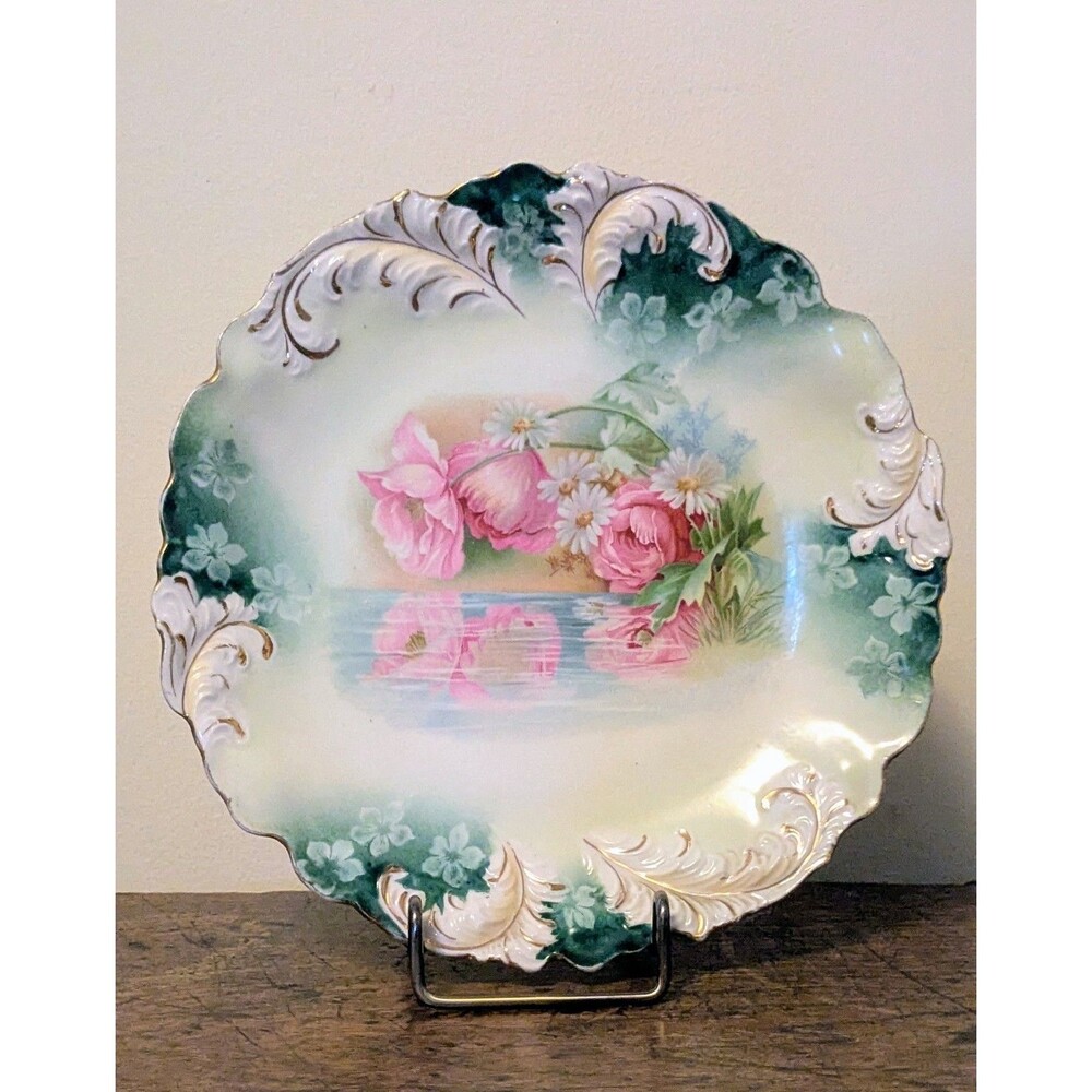 RS Prussia Red Mark 8.5" Plate Water Reflection Pink Poppies Daisy Plume Mold